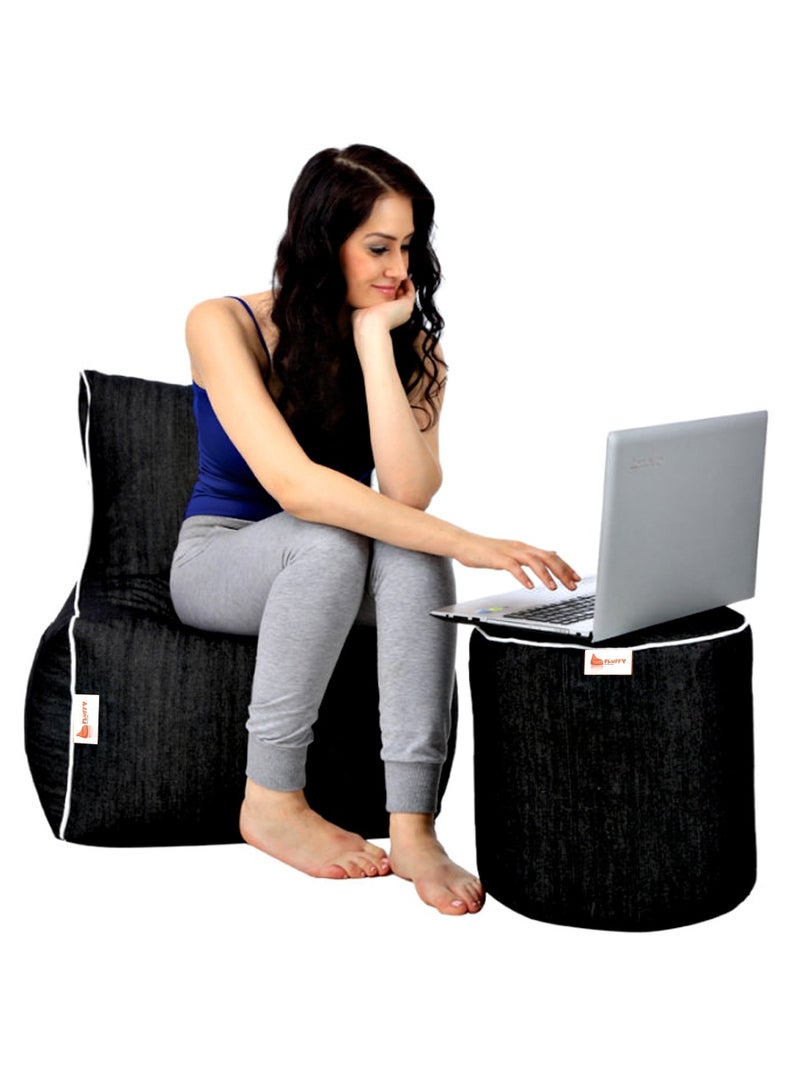 Fluffy Can bean bags Denim Bean Bag with Piping and Footstool Black XXXL - Image 2
