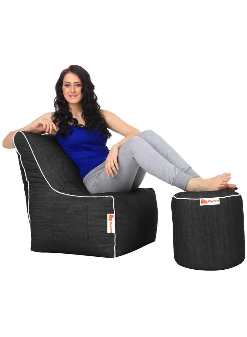 Fluffy Can bean bags Denim Bean Bag with Piping and Footstool Black XXXL - Image 3
