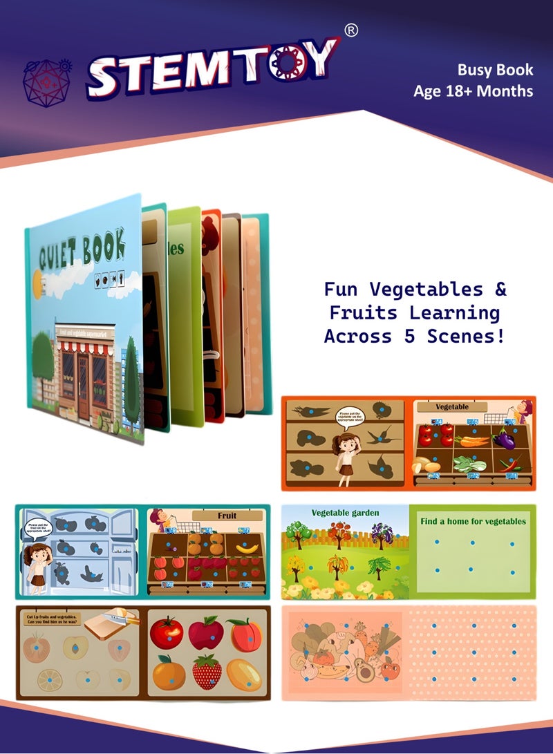 STEMTOY Quiet Book Busy Book for Toddlers, Montessori Homeschool Preschool STEM/ STEAM Educational Toy, Interactive Early Learning Activity, Sensory Cognitive Development Fine Motor Skills, Portable Washable Travel Gift for Babies Kids Boys Girls Ages 3-6 (Vegetable & Fruit Daily Theme) - Image 1