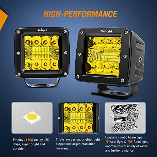 Nilight 2Pcs 3Inch Amber LED Pods 42W LED Cubes Upgraded Spot Flood Combo Driving Backup Light Reverse Light with Off Road Wiring Harness Kit -2 Leads for Trucks ATV UTV SUV - Image 4