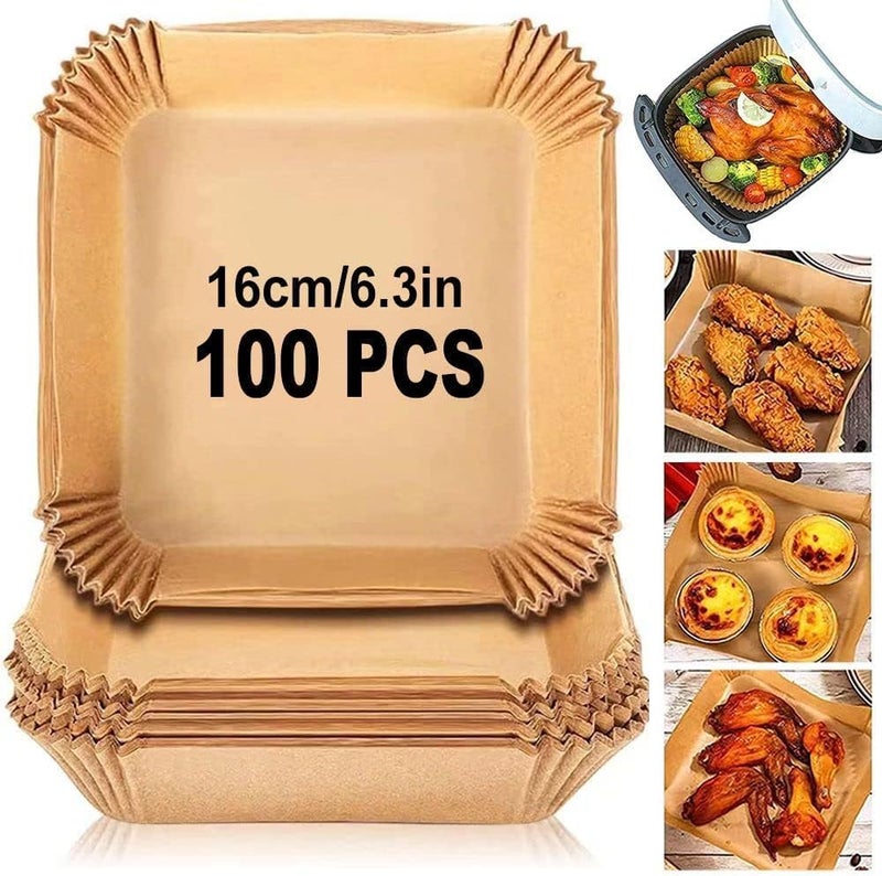 SKY-TOUCH 100 Pieces Air Fryer Disposable Paper Liners,Non Stick & Oil Proof Parchment Paper for Microwave and Gas Ovens,Square Food Grade Water-proof Baking Paper for Air Fryer,16cm/6.3inch,Brown - Image 1