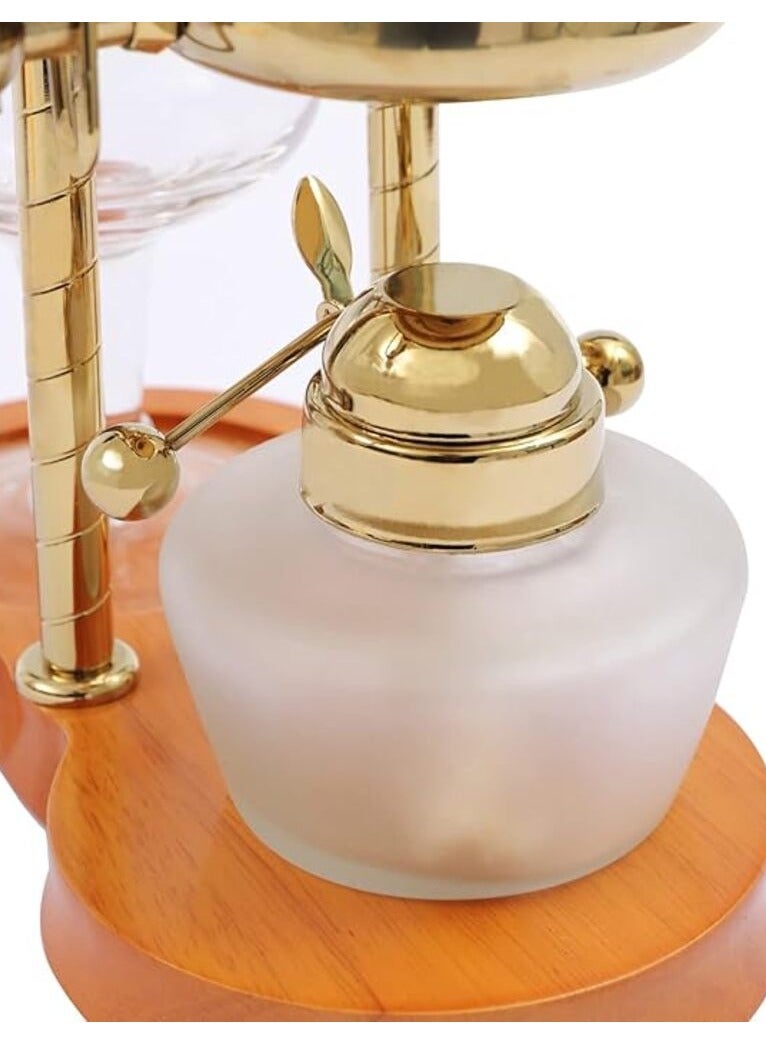 Precise Balance Syphon Coffee Maker with Wooden Base, Stainless Steel Water Retainer, Glass Cup, Burner & Metal Handle, 3-5 cups Espresso Maker - Gold Color - Image 3