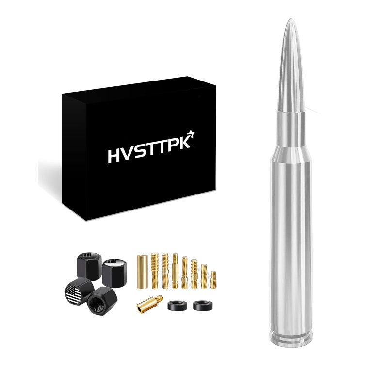 HVSTTPK Truck Car Bullet Antenna with Valve Stem Caps Mast for GM Chevy Silverado 1500 2500 3500 HD Ford F150 F250 F350 Denali Heavy Pickup Jeep Truck Accessories (Chrome) - Image 1