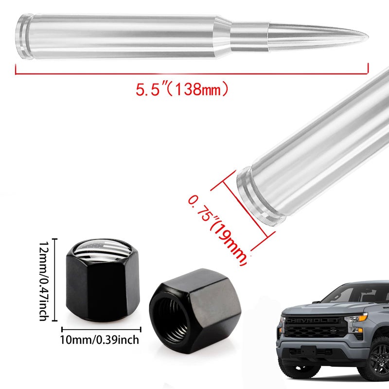 HVSTTPK Truck Car Bullet Antenna with Valve Stem Caps Mast for GM Chevy Silverado 1500 2500 3500 HD Ford F150 F250 F350 Denali Heavy Pickup Jeep Truck Accessories (Chrome) - Image 3