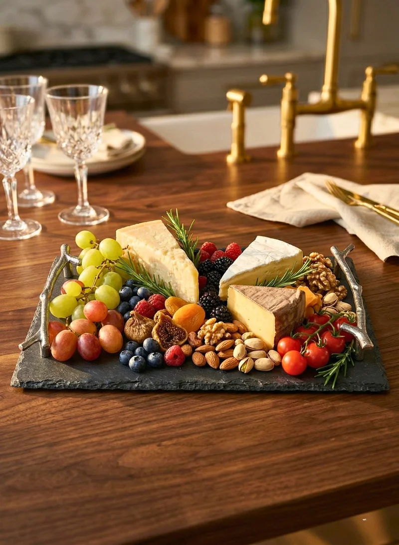 1 تشيس صينية تقديم من الأردواز بمقبض مزخرف - لوح جبن ولحوم باردة 30 × 20 سم