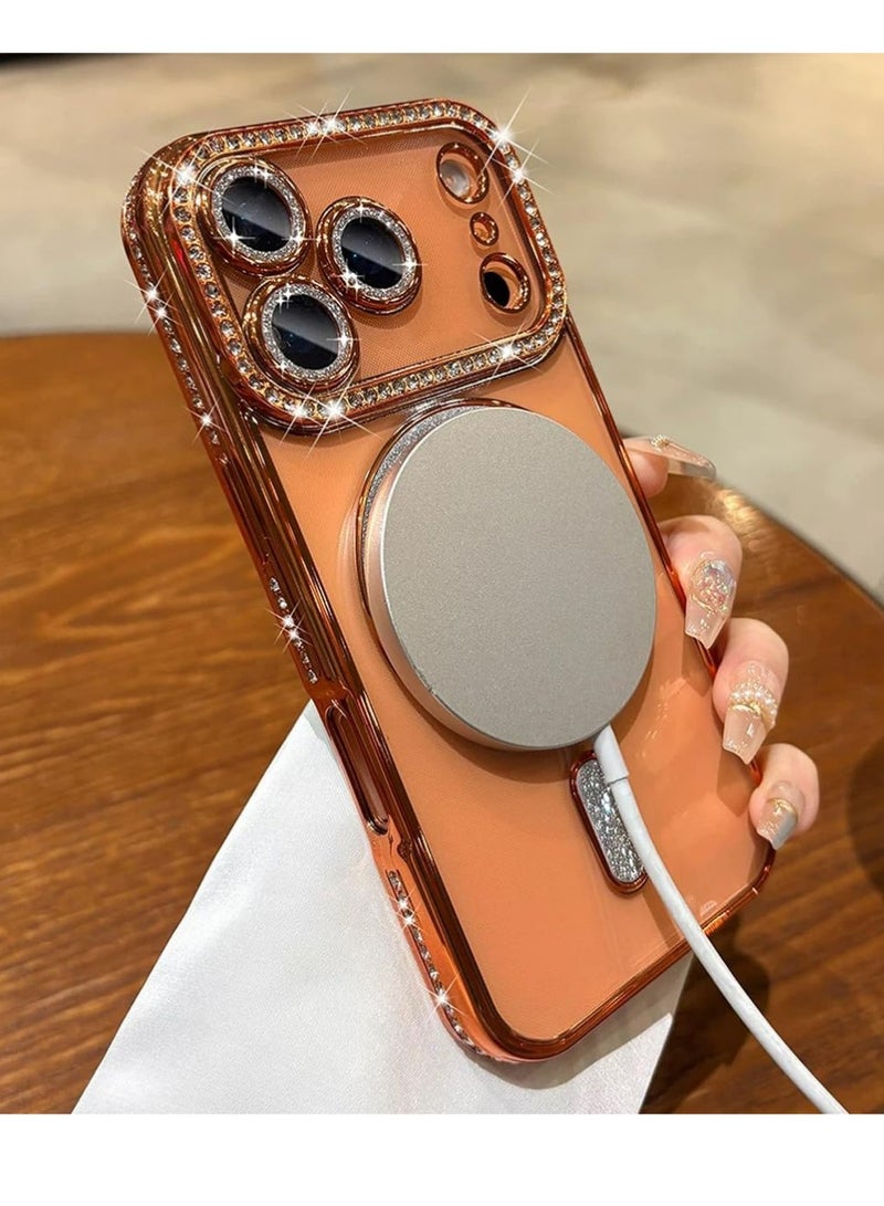 بولوز المغناطيسية واضحة جليتر الحالة لآيفون 17 برو ماكس، [متوافق مع MagSafe] لطيف بلينج الماس المتوهج الراينست مع حامي الكاميرا TPU مضاد النساء فتاة الحالة لآيفون 17 برو ماكس، البرتقالي - Image 3
