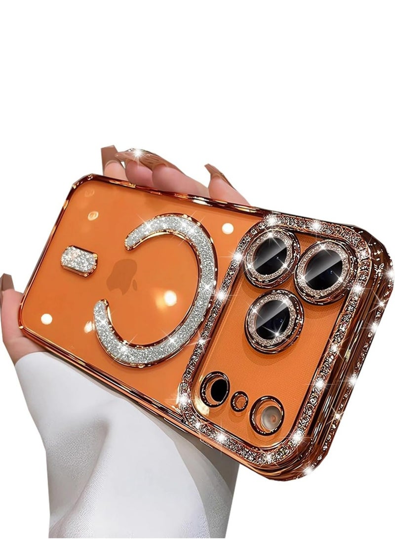 بولوز المغناطيسية واضحة جليتر الحالة لآيفون 17 برو ماكس، [متوافق مع MagSafe] لطيف بلينج الماس المتوهج الراينست مع حامي الكاميرا TPU مضاد النساء فتاة الحالة لآيفون 17 برو ماكس، البرتقالي - Image 1