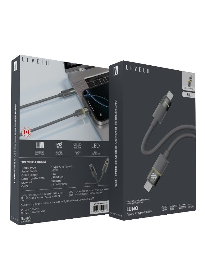 ليفيلو كابل PD 60 واط من Luno Type-C إلى Type-C بطول 1 متر / مؤشر LED / خالٍ من التشابك / معدل نقل البيانات 480 ميجابت في الثانية - رمادي دخاني - Image 4