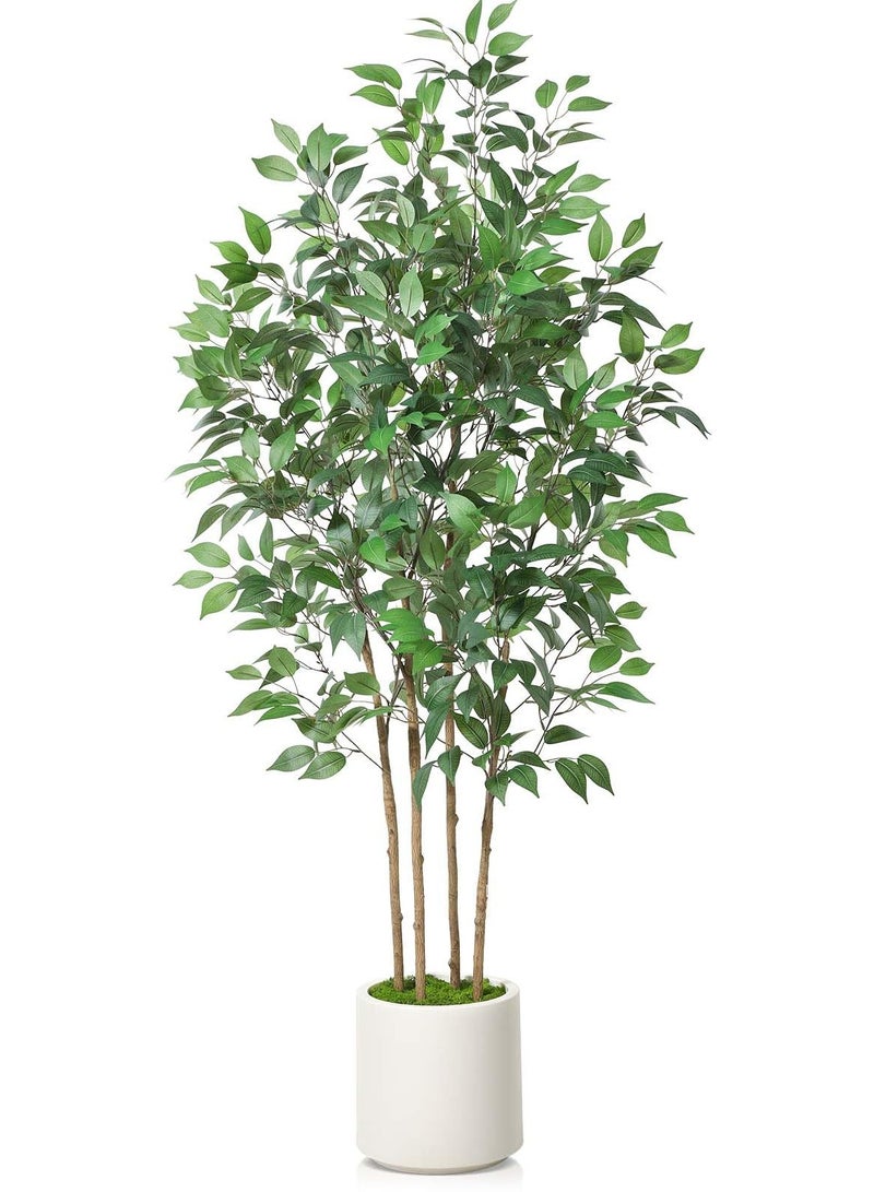 Arabest Ficus Artificial Tree 6ft Fake Silk Plant for Home Decor Indoor, Faux Floor Tree in White Imitation Ceramic Planter with Green Fake Moss for Home Office Corner Indoor Decor, Set of 1 - Image 1