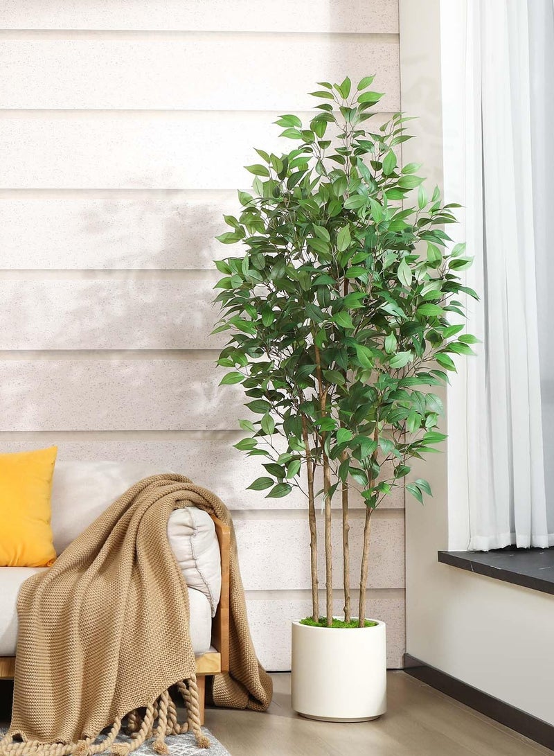 Arabest Ficus Artificial Tree 6ft Fake Silk Plant for Home Decor Indoor, Faux Floor Tree in White Imitation Ceramic Planter with Green Fake Moss for Home Office Corner Indoor Decor, Set of 1 - Image 2