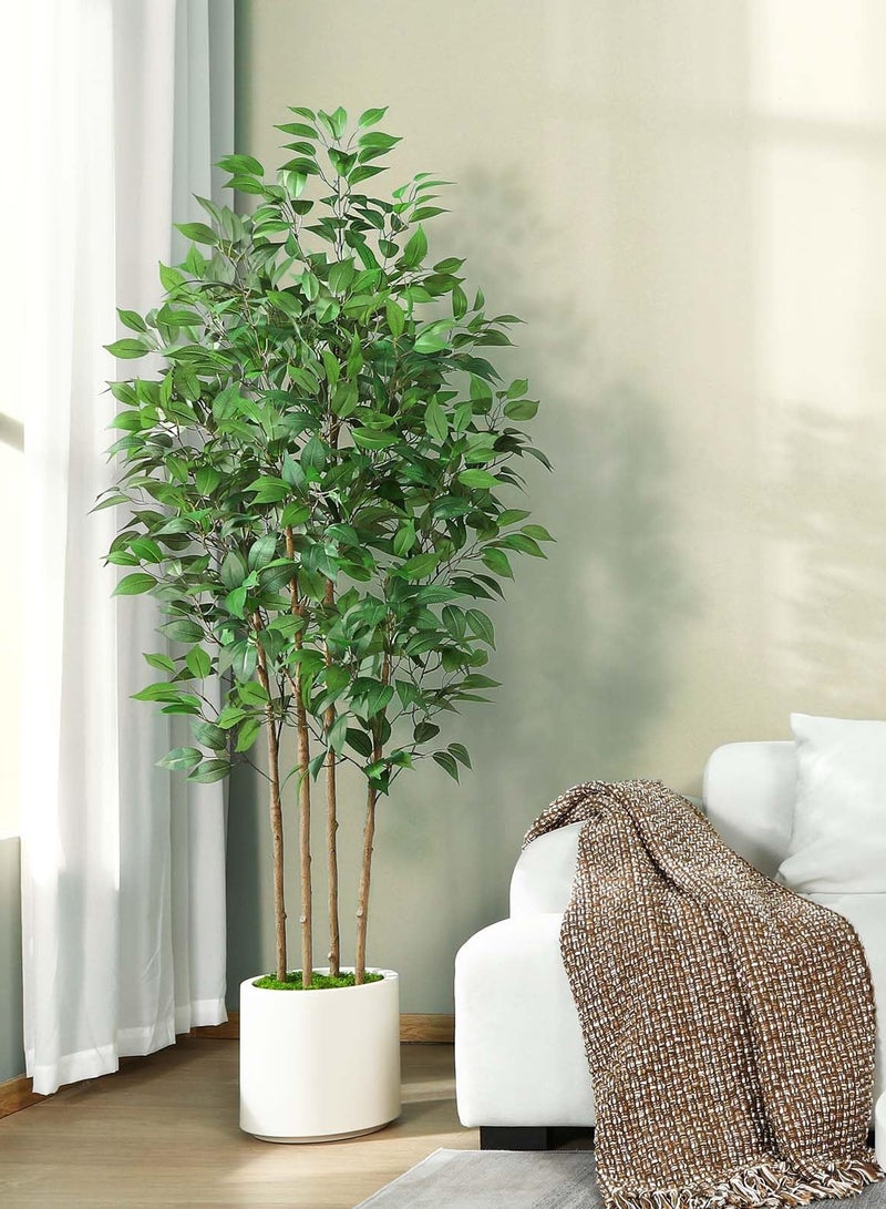 Arabest Ficus Artificial Tree 6ft Fake Silk Plant for Home Decor Indoor, Faux Floor Tree in White Imitation Ceramic Planter with Green Fake Moss for Home Office Corner Indoor Decor, Set of 1 - Image 3