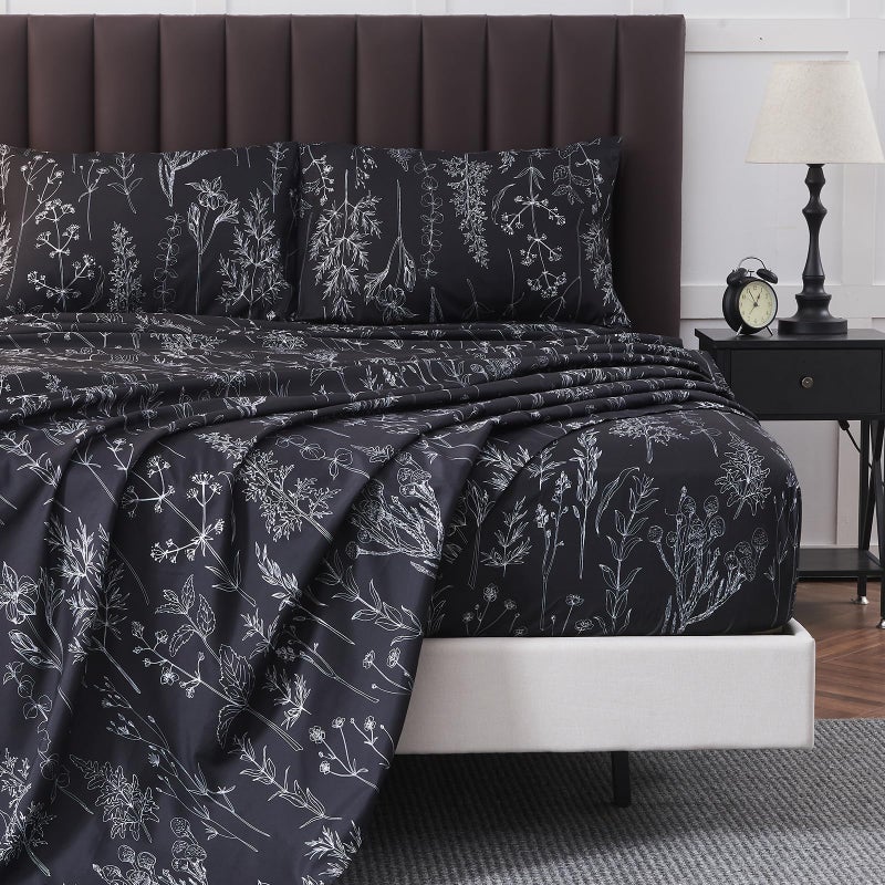 HYPREST Black Sheets QueenDeep Pocket Sheets 1800 Thread Count Pattrn Bed Sheets Soft Breathable Cute Printed Boho Farmhouse Bed Sheets OekoTex Certificated Up to 18 Inch