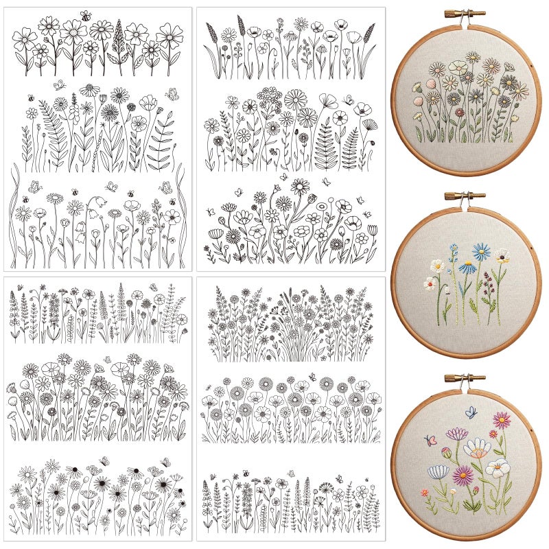 VISSTREE Floral Water Soluble Embroidery Patterns, 4 Sheets Stick and Stitch Embroidery Papers Wash Away, Pre-Printed Flower Designs Transfer Paper Customized Gifts for Hand Sewing Lovers Beginners - Image 1