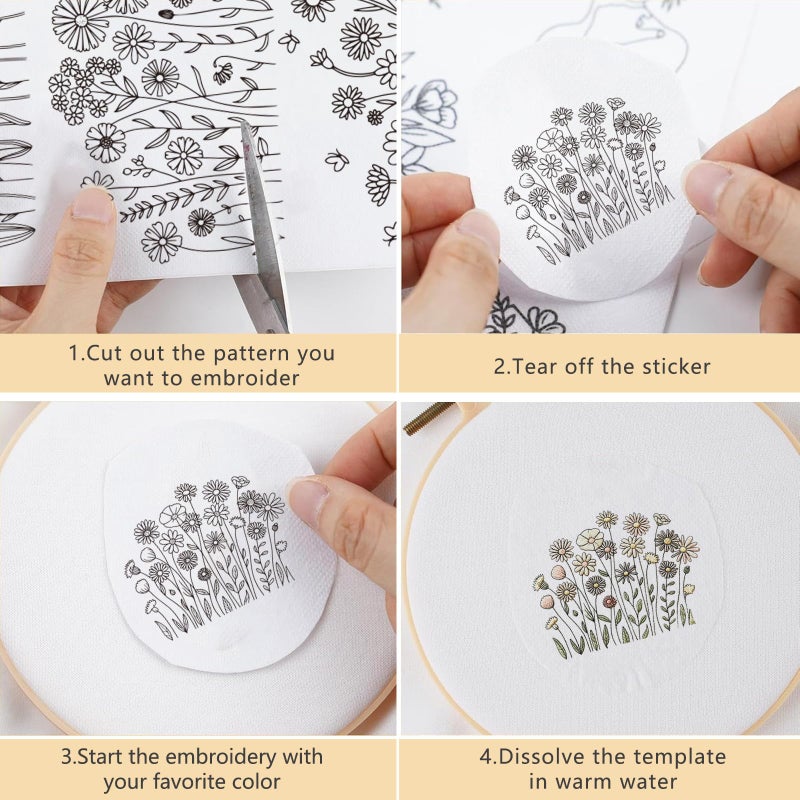 VISSTREE Floral Water Soluble Embroidery Patterns, 4 Sheets Stick and Stitch Embroidery Papers Wash Away, Pre-Printed Flower Designs Transfer Paper Customized Gifts for Hand Sewing Lovers Beginners - Image 3