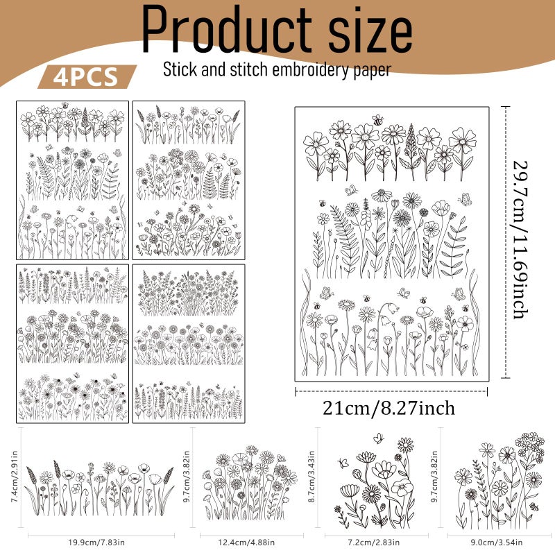 VISSTREE Floral Water Soluble Embroidery Patterns, 4 Sheets Stick and Stitch Embroidery Papers Wash Away, Pre-Printed Flower Designs Transfer Paper Customized Gifts for Hand Sewing Lovers Beginners - Image 2