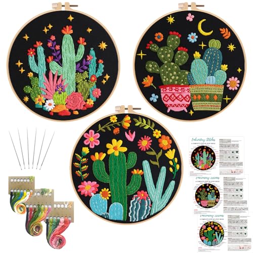 Nuberlic 3 Pack Embroidery Kit for Beginner Adults, Stamped Cross Stitch with Cactus Patterns Include 3 Hoop, Cloth Thread Needles and Instructions - Image 1