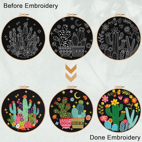 Nuberlic 3 Pack Embroidery Kit for Beginner Adults, Stamped Cross Stitch with Cactus Patterns Include 3 Hoop, Cloth Thread Needles and Instructions - Image 5