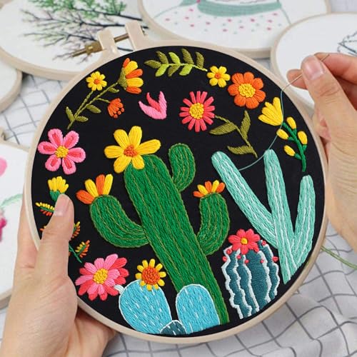 Nuberlic 3 Pack Embroidery Kit for Beginner Adults, Stamped Cross Stitch with Cactus Patterns Include 3 Hoop, Cloth Thread Needles and Instructions - Image 4
