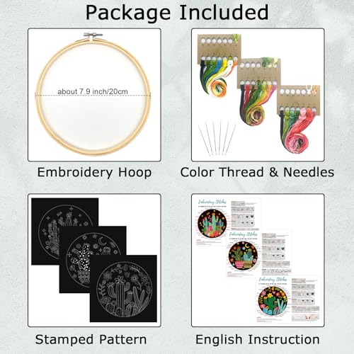Nuberlic 3 Pack Embroidery Kit for Beginner Adults, Stamped Cross Stitch with Cactus Patterns Include 3 Hoop, Cloth Thread Needles and Instructions - Image 3