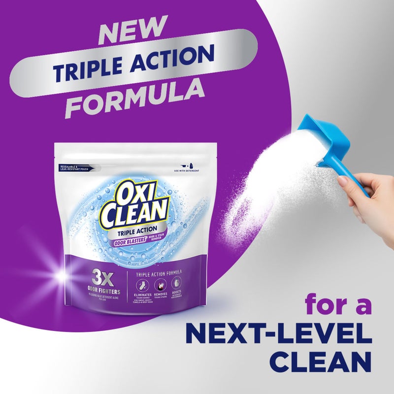 OxiClean Triple Action Odor Blasters Odor and Stain Remover Powder, Use with Detergent, Eliminates Tough Odors and Removes Stains, Color Safe and Chlorine Free, 4 lbs - Image 2