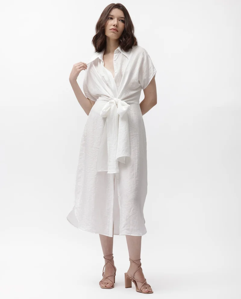 Rareism Women's Casual Collared Neck A-Line Dress With Front Tie-Up