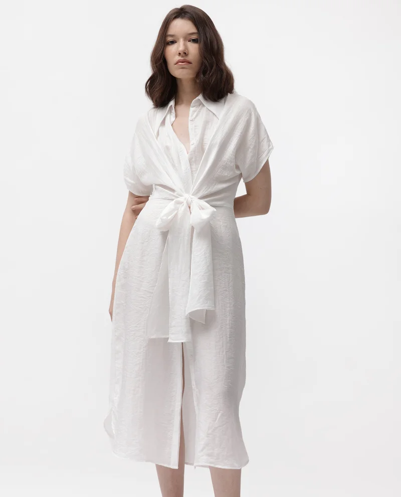 Rareism Women's Casual Collared Neck A-Line Dress With Front Tie-Up