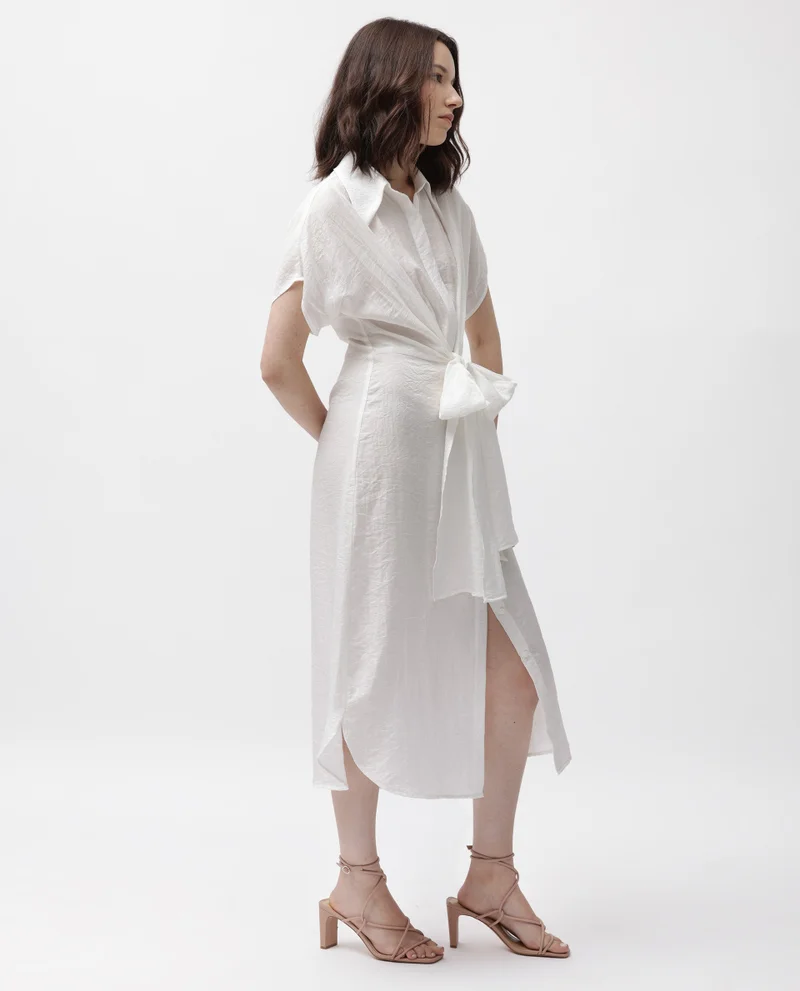 Rareism Women's Casual Collared Neck A-Line Dress With Front Tie-Up