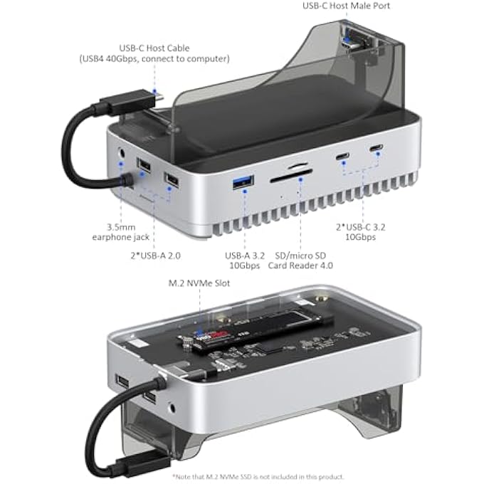 rayihni VERTICAL DOCKING STATION FOR MAC MINI M4 – USB4 40GBPS M.2 NVME SSD ENCLOSURE & USB-C HUB, ALUMINUM FINS FANLESS COOLING, DUAL HOST USB-C PORTS, SD/TF 4.0, USB 3.2 & 3.5MM AUDIO PORT - Image 2