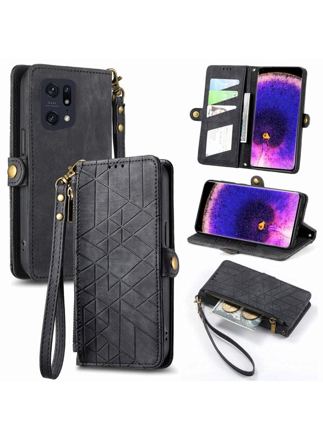 اس-توب جراب هاتف OPPO Find X5 Pro بسحاب هندسي ومشبك جانبي من الجلد - Image 1