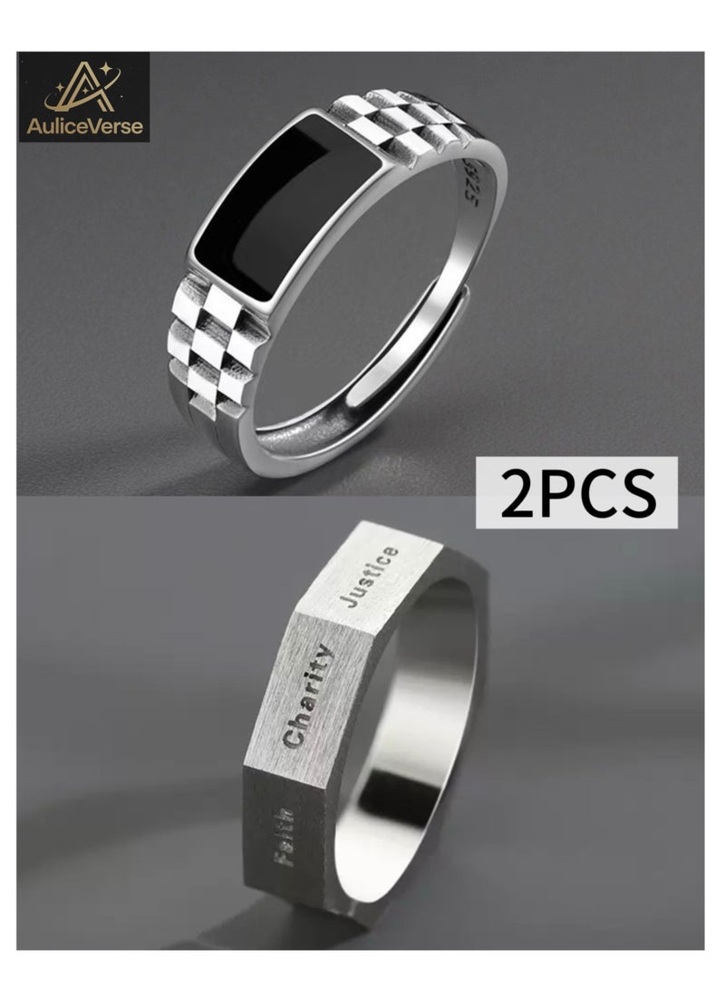 AuliceVerse 2PCS Men's Adjustable Open Rings Set with Inspirational Engravings Suitable for Stacking Ideal for Casual & Formal Wear  - Image 1