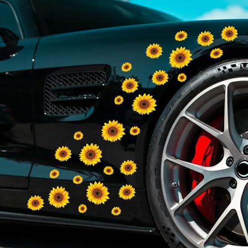 Iprokiu 27pcsSet Flower Car Sticker Waterproof Sunflower Decal for Car Body Window Bumper Self Adhesive Daisy Car Sticker SUV Truck Vehicle Laptop Wall Car Decoration Sunflower - Image 1