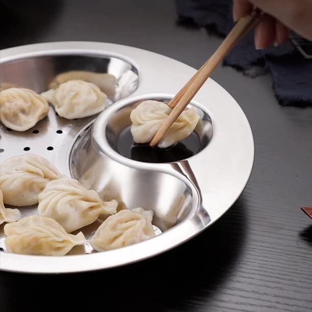 MANRUK MANRUK Stainless Steel Multi-Compartment Dumpling Plate with Integrated Sauce Tray | Chip & Dip Platter, Fruit Dish, and Snack Server | Durable Food Serving Plate for Kitchen & Dining  - Image 4