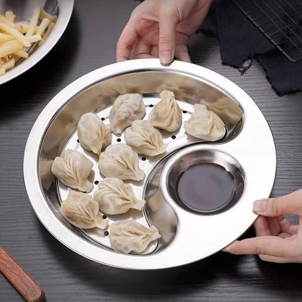 MANRUK MANRUK Stainless Steel Multi-Compartment Dumpling Plate with Integrated Sauce Tray | Chip & Dip Platter, Fruit Dish, and Snack Server | Durable Food Serving Plate for Kitchen & Dining  - Image 5