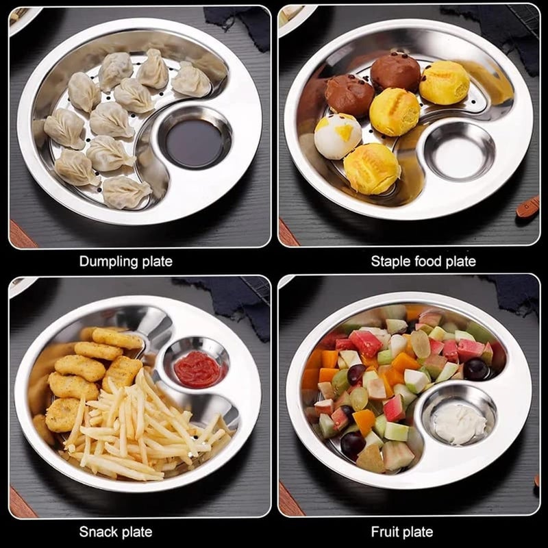 MANRUK MANRUK Stainless Steel Multi-Compartment Dumpling Plate with Integrated Sauce Tray | Chip & Dip Platter, Fruit Dish, and Snack Server | Durable Food Serving Plate for Kitchen & Dining  - Image 3