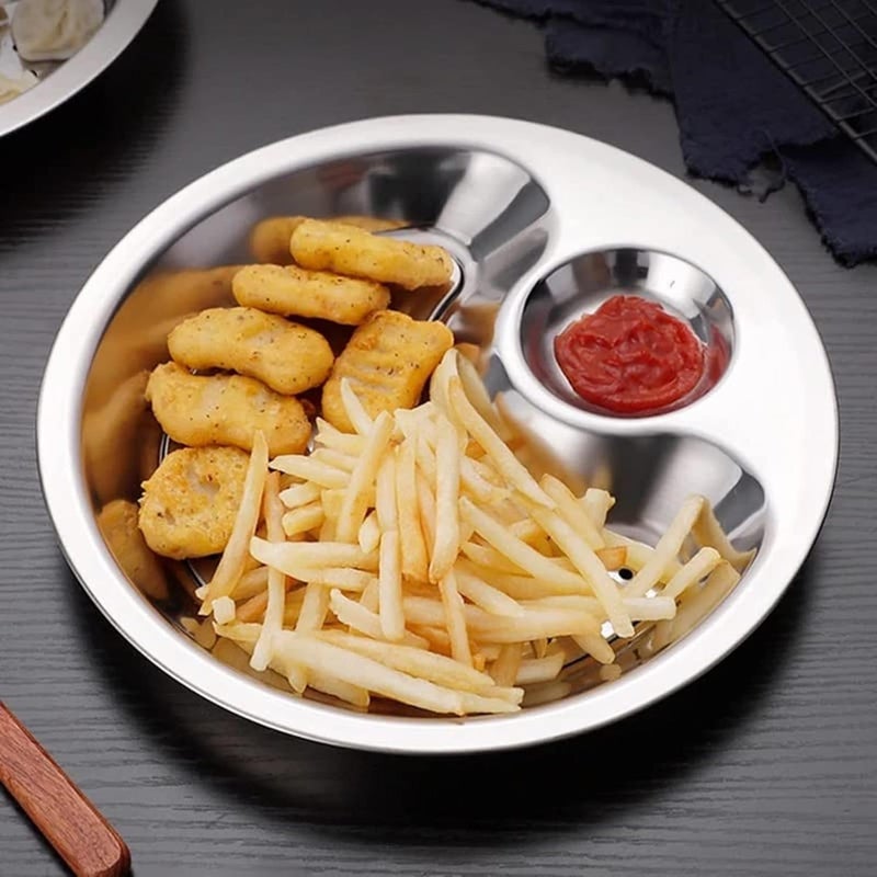 MANRUK MANRUK Stainless Steel Multi-Compartment Dumpling Plate with Integrated Sauce Tray | Chip & Dip Platter, Fruit Dish, and Snack Server | Durable Food Serving Plate for Kitchen & Dining  - Image 1