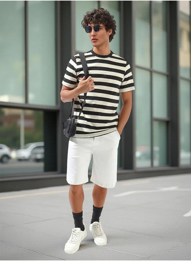 HIGH STAR Men's Black 100% Cotton Striped Regular Fit T-Shirt  - Image 2