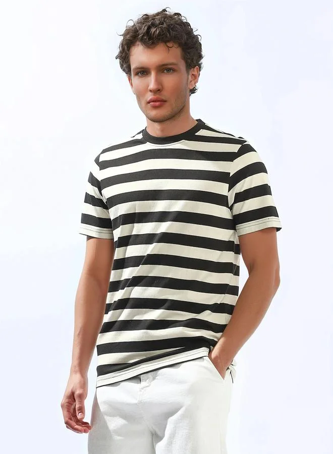 HIGH STAR Men's Black 100% Cotton Striped Regular Fit T-Shirt