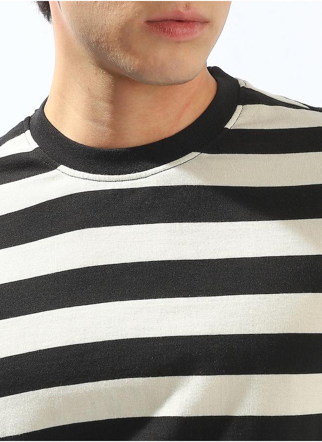 HIGH STAR Men's Black 100% Cotton Striped Regular Fit T-Shirt  - Image 5