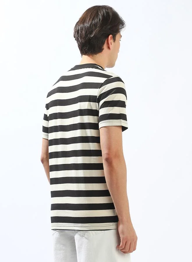 HIGH STAR Men's Black 100% Cotton Striped Regular Fit T-Shirt