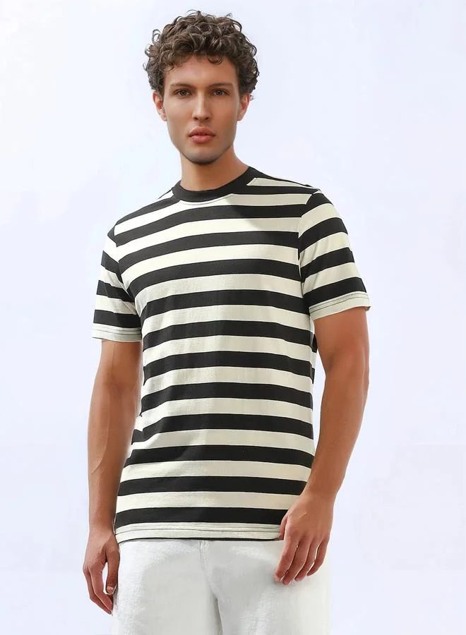 HIGH STAR Men's Black 100% Cotton Striped Regular Fit T-Shirt