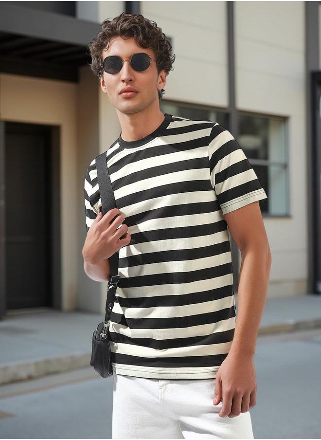 HIGH STAR Men's Black 100% Cotton Striped Regular Fit T-Shirt  - Image 1