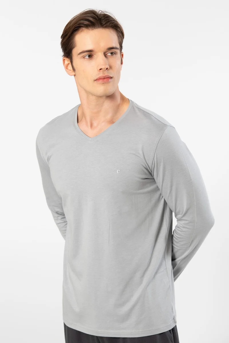 كاشاريل Men's V Neck Long Sleeve Pajama Set, 50% Modal, 50% Cotton Bottom Pajamas with Pocket