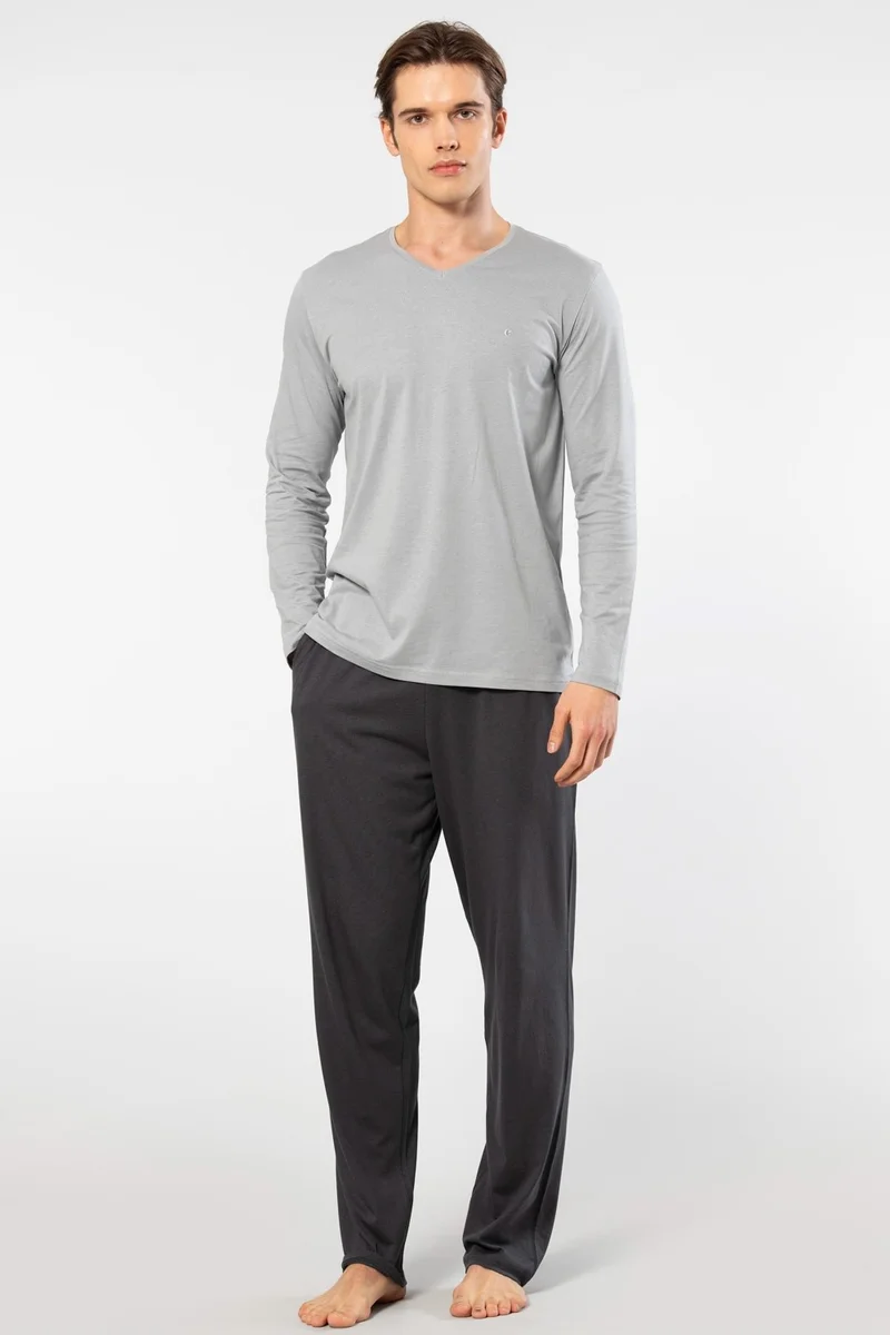 كاشاريل Men's V Neck Long Sleeve Pajama Set, 50% Modal, 50% Cotton Bottom Pajamas with Pocket