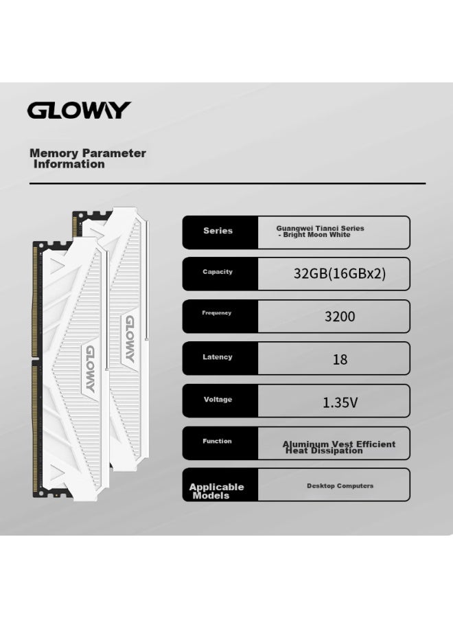 Gloway 32gb Ddr4 3200 Desktop Memory Module, Tianche, V-bank, Premium Chips, Cl18, Bright Moon White - Image 4