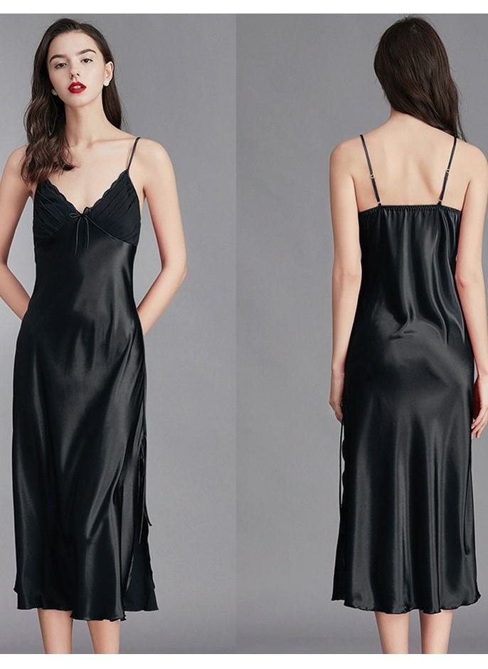 Loquat - Women's Solid Color Nightgown V-Neck Slip Dress Soft Lingerie Midi Sleepwear With Adjustable Strap Black - Image 1