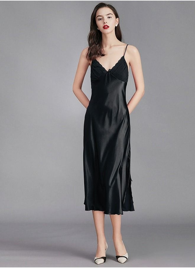Loquat - Women's Solid Color Nightgown V-Neck Slip Dress Soft Lingerie Midi Sleepwear With Adjustable Strap Black - Image 1