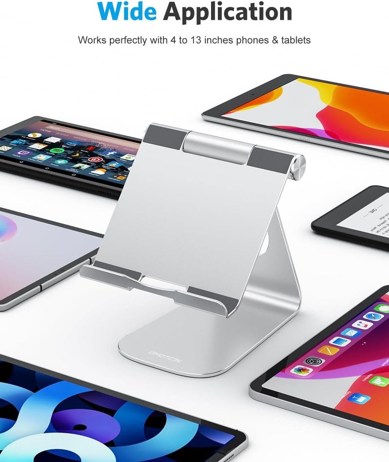 Omoton Tablet Stand Holder Adjustable, T1 Desktop Aluminum Tablet Dock Cradle Compatible with iPad Air/Mini, iPad 10.2/9.7, iPad Pro 11/12.9/13, Samsung Tab and More Up to 13 inch, Silver - Image 2