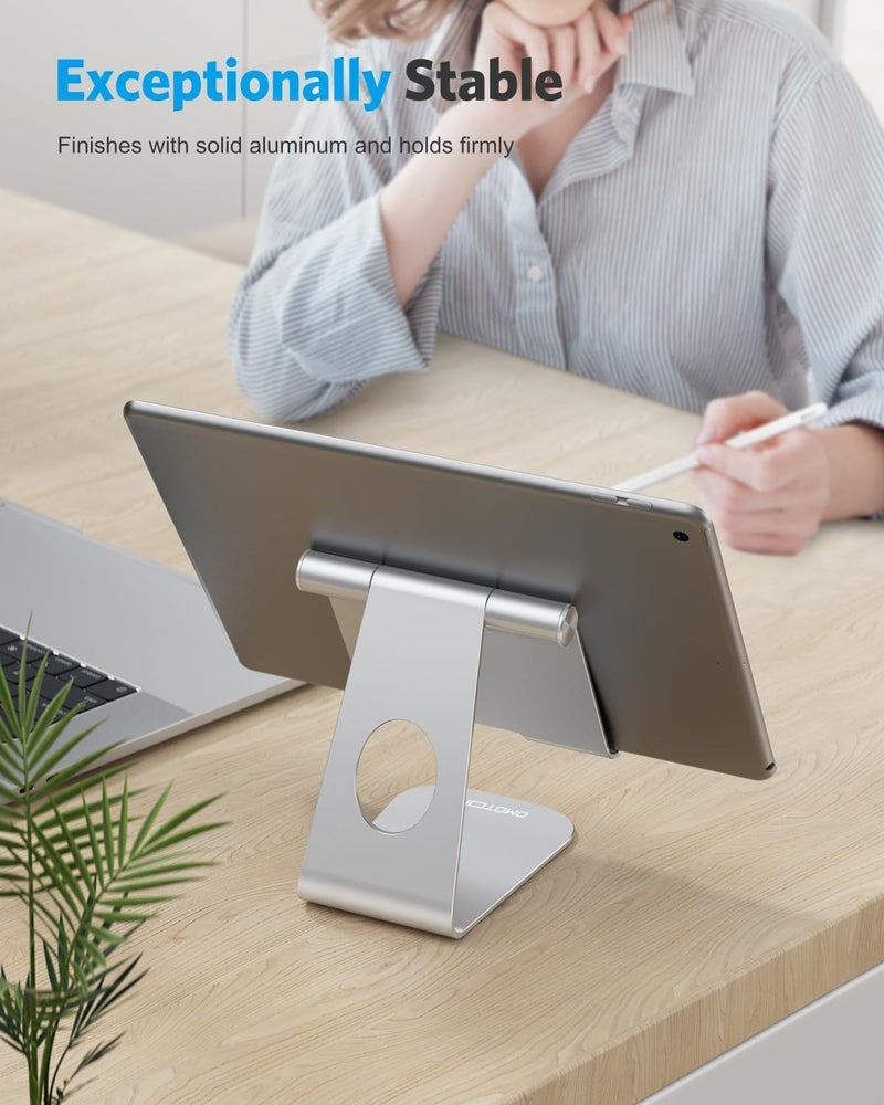 Omoton Tablet Stand Holder Adjustable, T1 Desktop Aluminum Tablet Dock Cradle Compatible with iPad Air/Mini, iPad 10.2/9.7, iPad Pro 11/12.9/13, Samsung Tab and More Up to 13 inch, Silver - Image 4