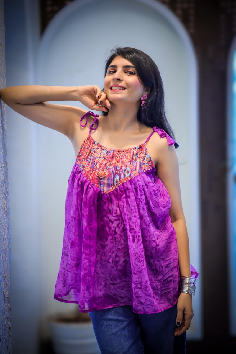 EthnicJunction Women's Georgette Shoulder Knot Flared Short Kurti Lavendar - Image 2