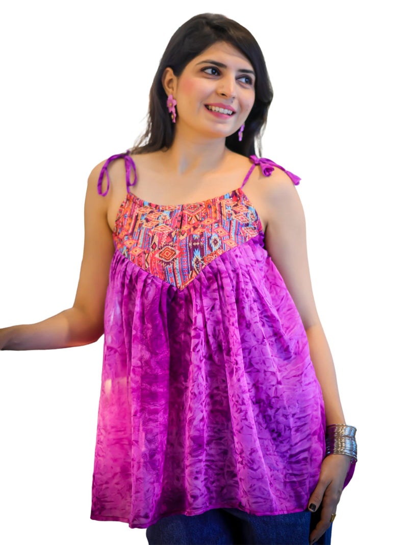 EthnicJunction Women's Georgette Shoulder Knot Flared Short Kurti Lavendar - Image 1